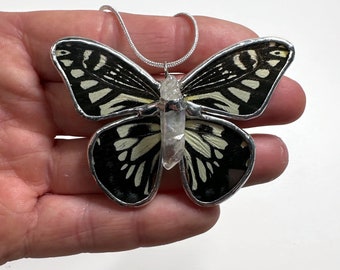 Handcrafted Black Cream Crystal Pendant, Real Butterfly Jewelry, Nature Inspired Gifts for Her, Stained Glass Wing Necklace