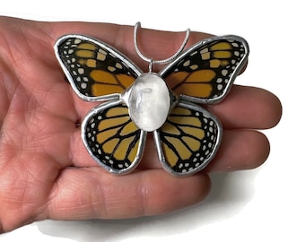 Monarch butterfly pendant, orange and black necklace, glass pendant, Butterfly wing jewelry, stained glass wing, crystal necklace