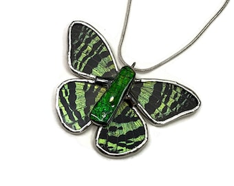 Handmade Ammolite Butterfly Wing Pendant, Gifts for her, Stained Glass Necklace