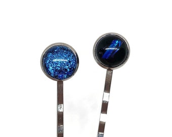 Iridescent blue hair barrettes dichroic glass jewelry unique gifts for her glass bobby pins fused glass hair jewelry set of 2