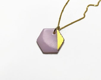 Fused glass pendant, hexagon Necklace, Pink and gold, Dichroic Glass Jewelry, iridescent pendant, Glass necklace, geometric pendant, sparkle