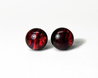 Reflective red stud earrings, fused glass jewelry, dichroic round earrings, 10mm, hypoallergenic, gifts for her, unique presents