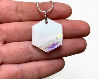 Iridescent white pendant dichroic glass jewelry fused glass necklace one of a kind unique gifts for her chain Included