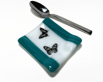 Whimsical butterfly spoon rest, fused glass dish, spoon holder, tray, kitchen decor, unique gifts for friends, handmade in canada