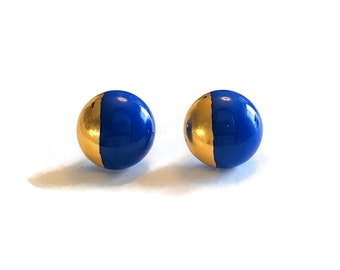 Blue earrings, fused dichroic glass jewelry, round metallic gold studs, minimalist jewelry, unique gifts for her, hypoallergenic, presents