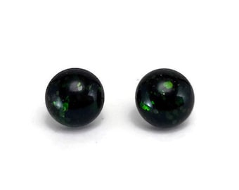 Green Iridescent Fused Glass Stud Earrings, Handmade Jewelry For Her