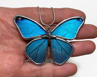 Blue Butterfly pendant real butterfly jewelry wing, recycled glass necklace, Morpho butterfly, butterfly taxidermy