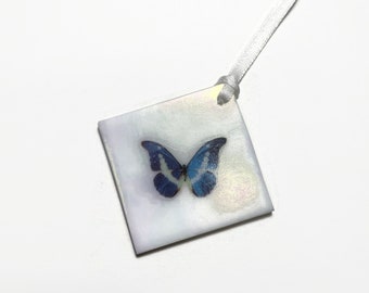 Iridescent Glass Butterfly Ornament, Blue Morpho Sun Catcher, Unique Handmade Gift Decoration