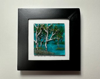 Summer birch tree fused glass art panel scenery picture, unique friends gifts, three dimensional wall sculpture