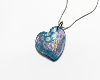 Blue heart necklace, fused glass pendant, Dichroic glass jewelry, necklace included
