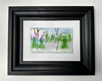 Birch tree fused glass art panel winter scenery picture, glass home decor, glass wall sculpture, three dimensional art