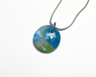 Reflective blue green pendant, dichroic fused glass jewelry, iridescent round necklace, presents for her, chain included