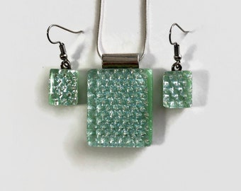 Green necklace fused glass jewelry, dichroic glass pendant and earring set, chain included