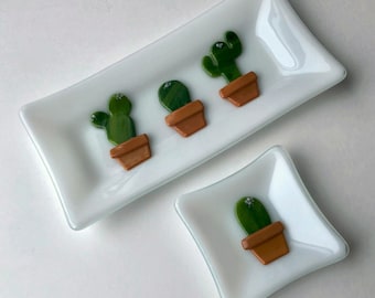 Cactus plate fused glass dish, succulent serving dish, plant home decor, plant art, plant art, set of two