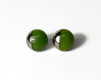 Fused glass green and silver studs minimalist round earring unique gifts for her 9mm hypoallergenic unique presents