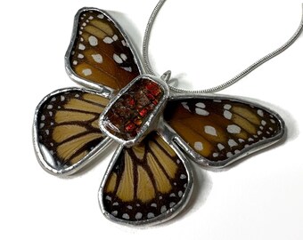 Handcrafted Butterfly Ammolite Pendant, Real Monarch Jewelry, Nature Inspired Gifts for Her, Stained Glass Necklace