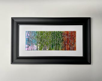Four seasons fused glass birch tree art, scenery panel, glass home decor, glass wall sculpture, three dimensional, Unique gifts for her