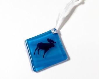 Blue moose ornament, fused glass tree hanging, unique gifts for dad, moose home decor, Christmas tree decoration