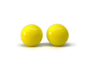 Handcrafted Sunny Yellow Stud Earrings, Elegant Gifts for Her, Artisan Fused Glass Jewelry