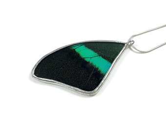 Green & black wing necklace, real butterfly wing jewelry, stained glass pendant, gifts for girlfriend