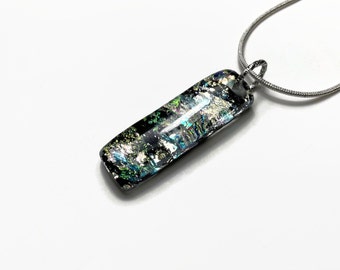 Silver pendant, black, fused glass necklace, glass jewelry, dichroic glass pendant, iridescent, rectangle pendant, necklace included