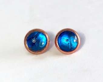 Blue stud earrings, real butterfly wing jewelry, rhetenor Morpho, unique gifts for her, iridescent rose gold glass studs, hypoallergenic