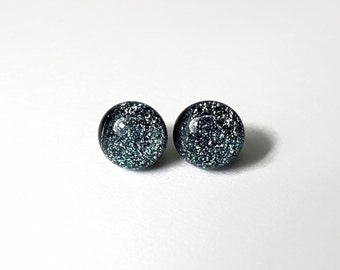 Silver stud earrings, fused dichroic glass jewelry, minimalist round studs, hypoallergenic, 9mm, unique presents