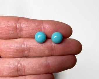 Turquoise blue stud earrings, fused glass jewelry, handmade minimalist round studs, gifts for her, unique presents