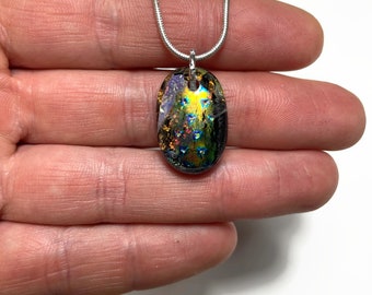 Shimmering oval glass pendant, fused dichroic glass jewelry, necklace for her, chain included