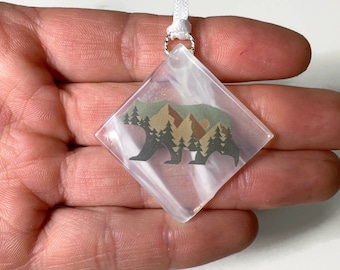 Fused Glass Bear Ornament: Mountain Scene Window Hanging