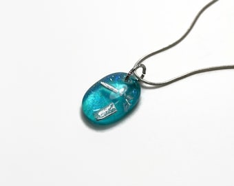 Teal blue iridescent pendant, oval dichroic pendant, fused glass jewelry, best friend gifts, necklace included