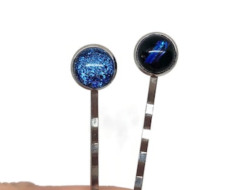 Iridescent blue hair barrettes, Dichroic glass jewelry, glass bobby pins, fused glass hair jewelry