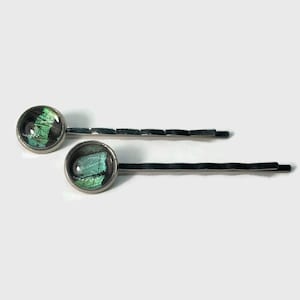 Green Barrettes real butterfly wing hair jewelry, sunset moth bobby pin, gifts for her, glass hair clips, set of 2