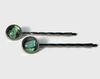 Green Barrettes real butterfly wing hair jewelry, sunset moth bobby pin, gifts for her, glass hair clips, set of 2