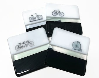 Black and white glass coasters fused glass bike drink rests, unique gifts for dad, bike enthusiast, coffee table decor, set of 4