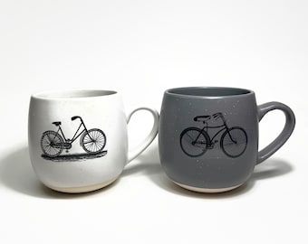 Bike Coffee cup grey and white tea mug gifts for him handcrafted mug bike enthusiast bike lover gifts cruiser bikes set of 2 presents