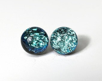 Green dichroic glass stud earrings fused glass jewelry gifts for mom minimalist round studs hypoallergenic