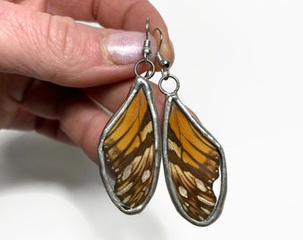 Handmade butterfly wing earrings, real butterfly jewelry, orange, silver, black, stained glass wing, gifts for her, hypoallergenic