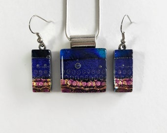 Glass rainbow Necklace, fused glass pendant and earrings set, Dichroic glass jewelry