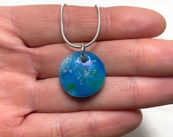 Blue green iridescent pendant, fused dichroic glass jewelry, round pendant, best friend gifts, chain included