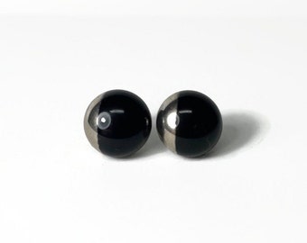 Black silver round earrings, minimalist studs, fused glass jewelry, gifts for her, hypoallergenic, unique presents