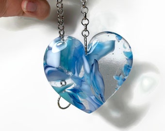 Marbled blue white sun catcher, window hanging, fused glass ornament, unique gifts for mom, art, handcrafted presents