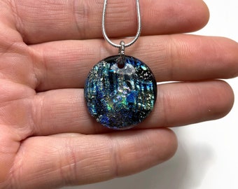 Silver blue pendant dichroic glass necklace fused glass jewelry unique gifts for her round pendant chain included