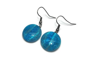 Blue dichroic glass iridescent earrings fused glass jewelry, unique gifts for mom, dangle earrings, hypoallergenic