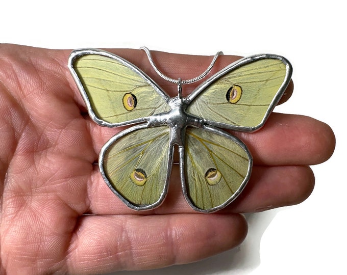 Featured listing image: Luna moth pendant, Butterfly wing jewelry, unique gifts for her, stained glass butterfly, butterfly taxidermy, chain included