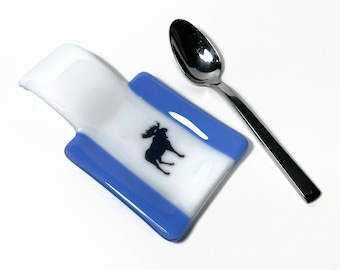 Handmade Blue Moose Glass Spoon Rest, Unique Kitchen Gift for Dad, Fused Glass Utensil Holder