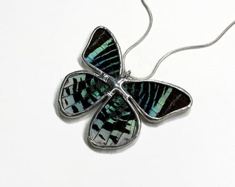 Pendant iridescent rainbow butterfly, glass necklace, sunset moth, real moth wing, insect jewelry, stained glass wing