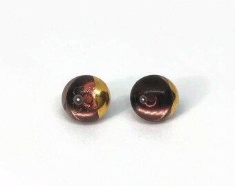 Burgundy metallic gold earrings, fused glass jewelry, round studs, unique gifts for her, minimalist, hypoallergenic, handmade in Canada