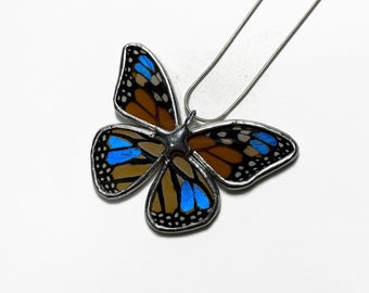 Orange pendant, iridescent blue, butterfly wing jewelry, Blue Morpho butterfly, monarch butterfly, real butterfly, necklace included