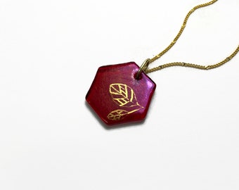 Iridescent red hexagon pendant, gold geometric pendant, fused dichroic glass jewelry, best friend gifts, unique gifts, chain included